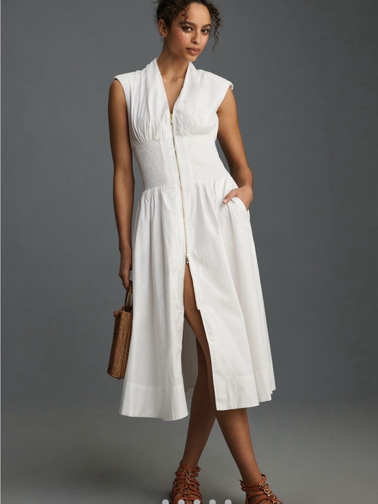 Anthropologie Dresses & Skirts - Anthropologie White Sleeveless Zip-Front Smocked-Waist Midi Dress